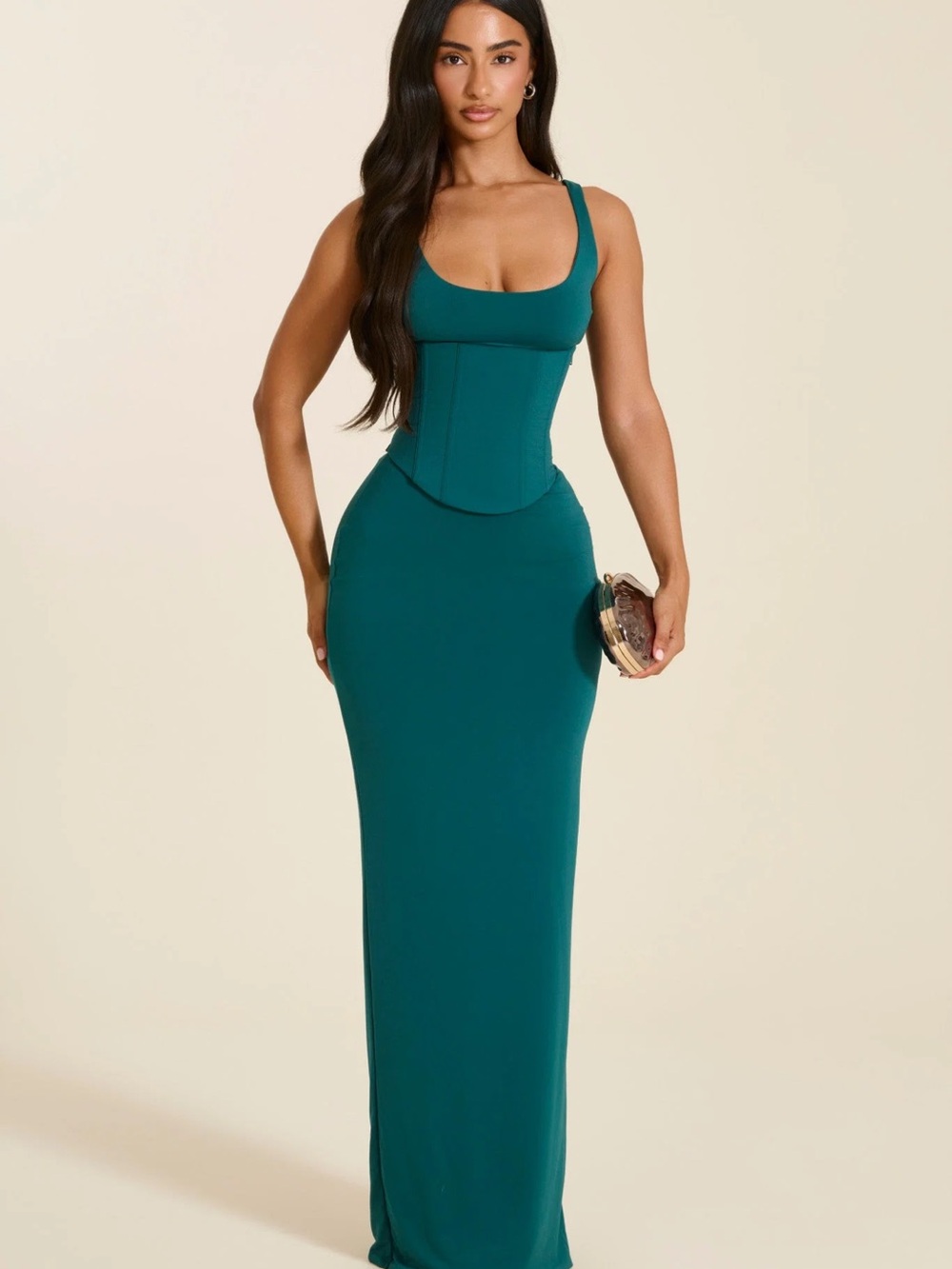 Sculpted Teal Corset Maxi Dress for Women